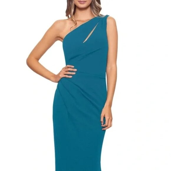 248$ Aqua Cutout One Shoulder Gown Maxi Dress Sleeveless Size 12 Azure Blue - Picture 5 of 5